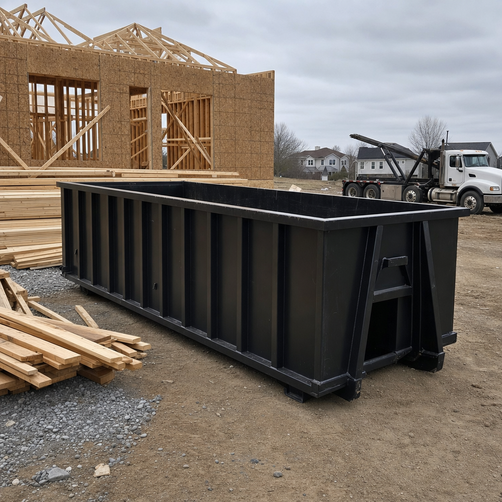 Matte-black 40-yard roll-off dumpster staged on a framed-out residential construction site in Gladstone, framing lumber stacked nearby, hooklift delivery truck visible in the background under bright Colorado daylight