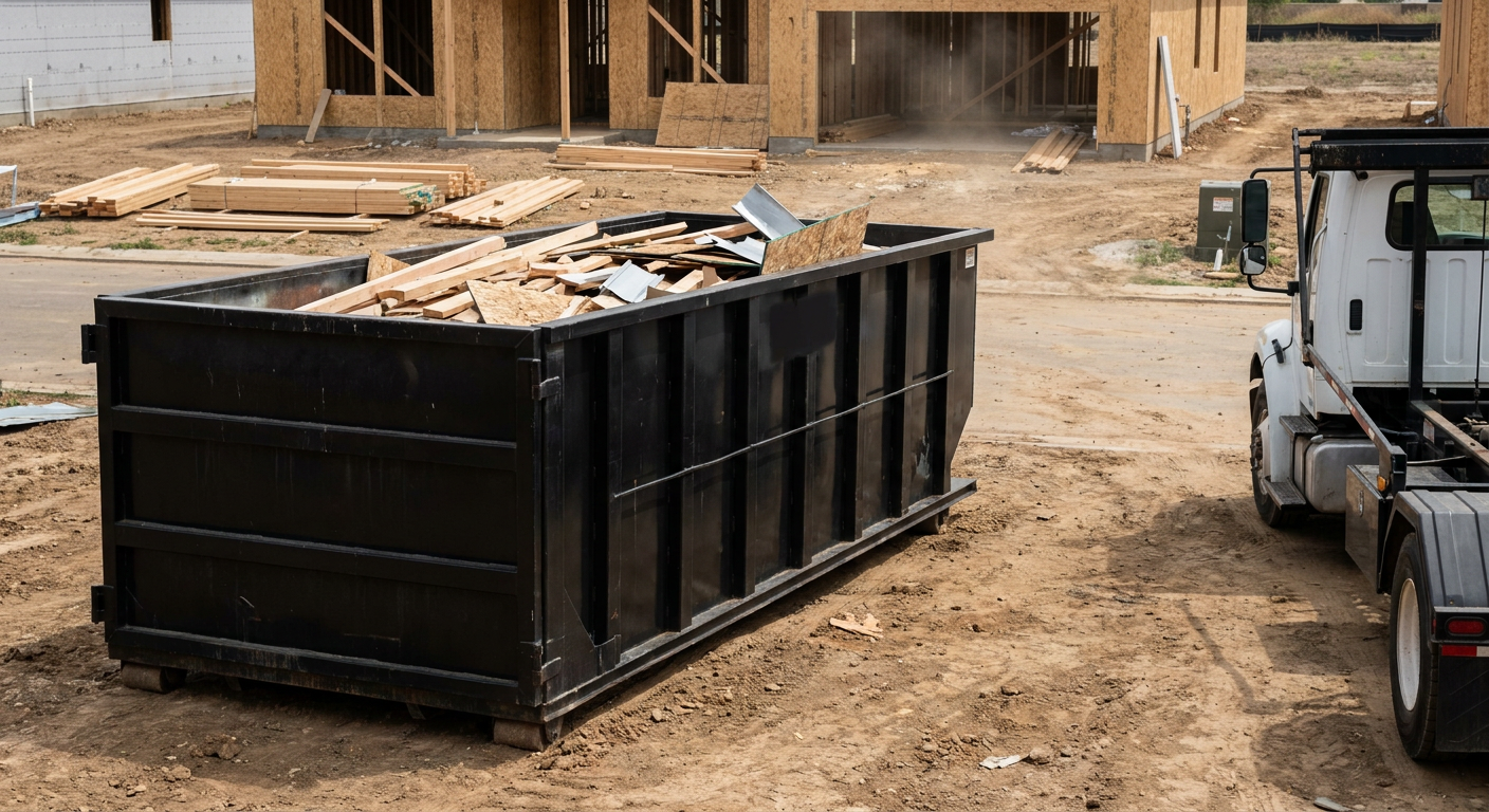 Matte-black 20-yard roll-off construction dumpster with heavy ribbed steel sidewalls and swing rear doors at a working jobsite in Gladstone, sitting directly on compacted dirt with an unmarked white hauler partially visible at the far edge of the frame.