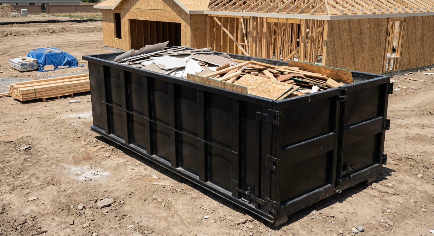 Matte-black 30-yard roll-off construction dumpster sitting directly on the compacted-dirt site of a framed single-family home build in Gladstone, drywall and lumber scrap loaded inside.