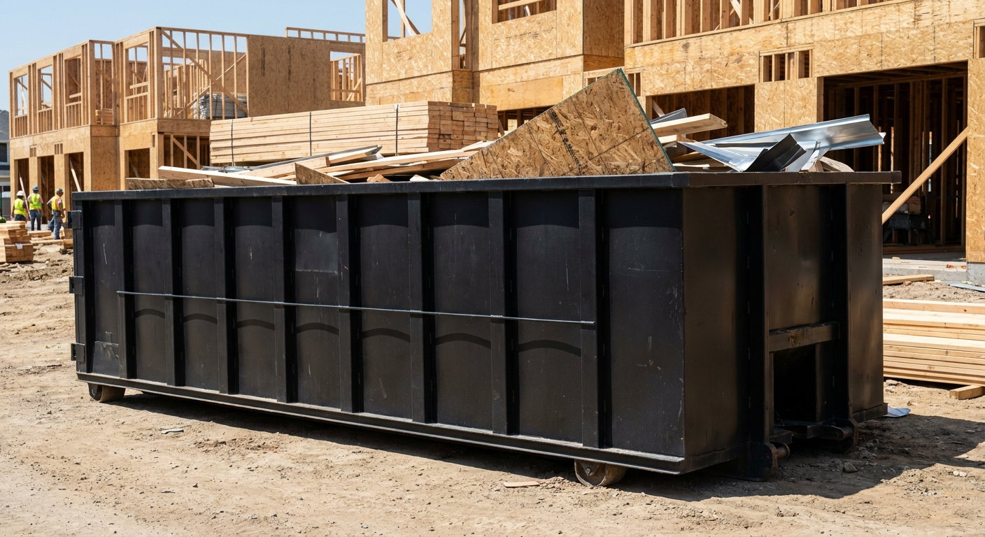Matte-black 40-yard roll-off construction dumpster being lowered from a white-cab hooklift delivery truck onto the compacted-dirt jobsite at a commercial build site in Gladstone