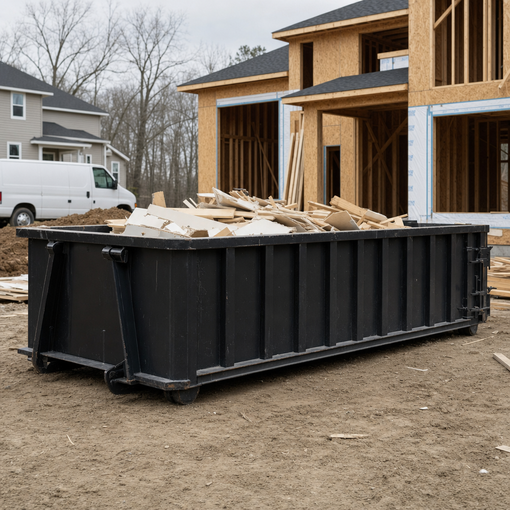 Worker in a yellow high-visibility vest tossing framing lumber and broken drywall into a matte-black 30-yard construction roll-off dumpster on an active build site in Gladstone, bright daylight