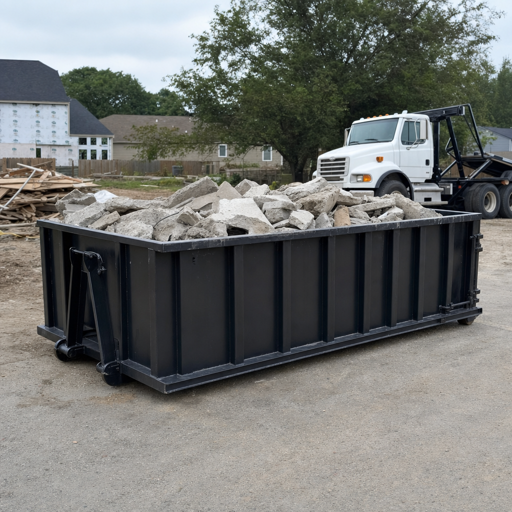 Low-profile matte-black lowboy roll-off dumpster loaded with broken concrete slab and rebar at a foundation tear-out in Gladstone, skid steer parked beside it, sunny Colorado morning