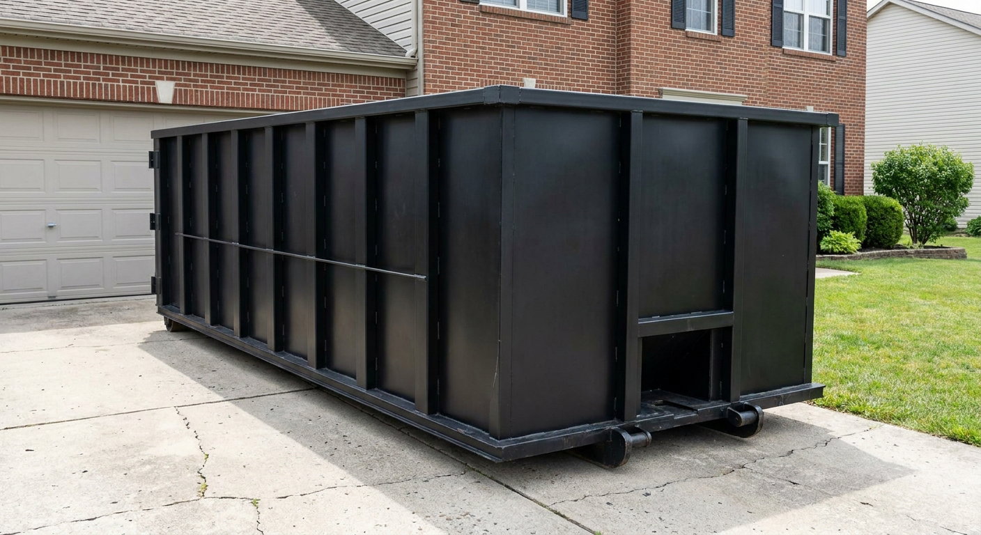 Matte-black 20-yard roll-off container on a Gladstone residential concrete driveway with reinforced ribbed steel sidewalls and a hinged rear walk-in door, clean bright daylight.