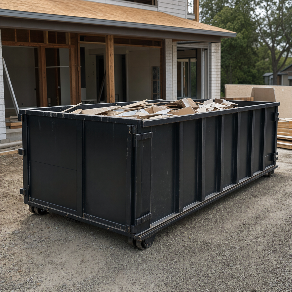 Large matte-black 30-yard construction roll-off dumpster at an active Gladstone jobsite, steel-gray top rails and bottom rollers visible, loaded with construction debris.