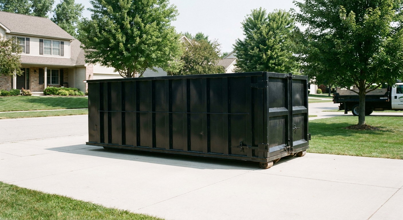 Matte-black 20-yard roll-off dumpster sitting level on a clean Gladstone residential concrete driveway under bright daylight, demonstrating clean placement directly on the concrete.