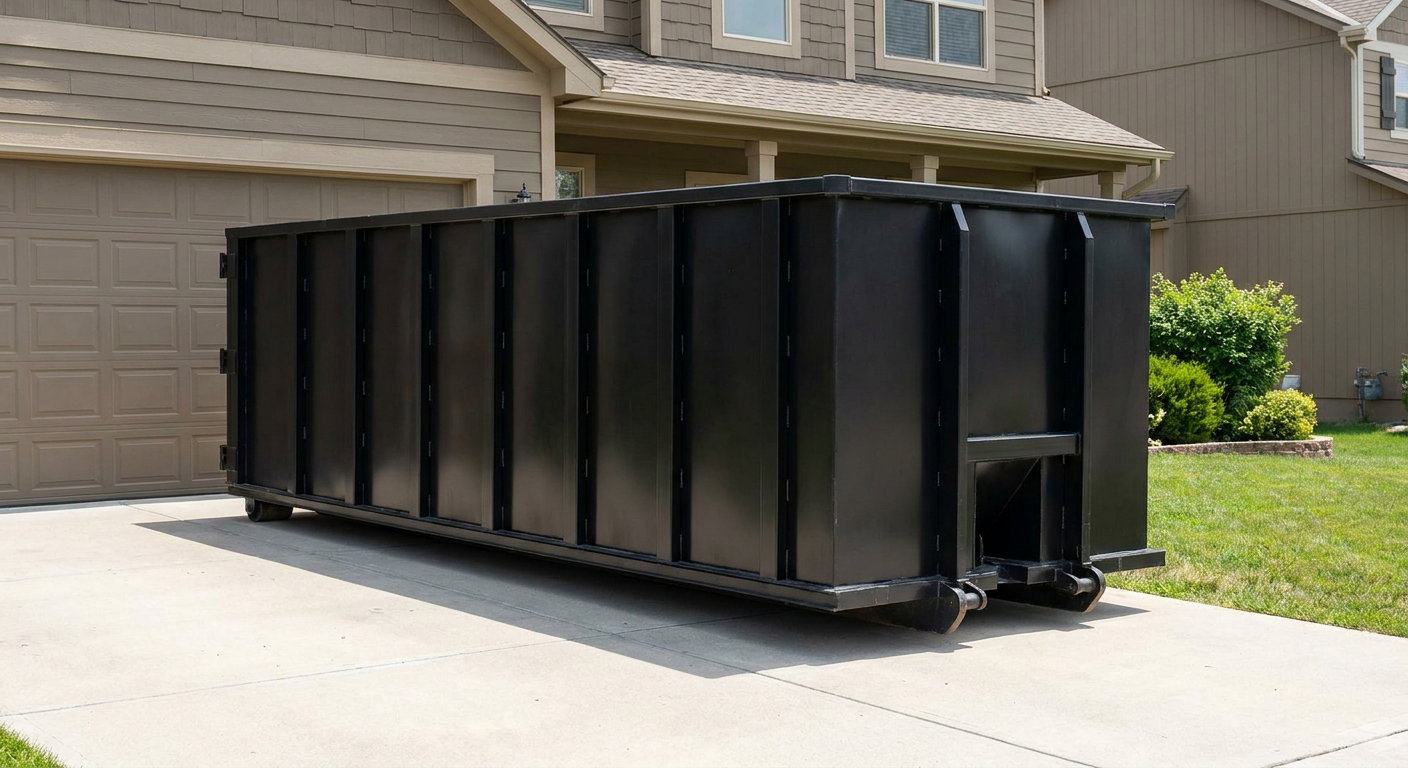 Matte-black residential roll-off dumpster sitting directly on a suburban Gladstone concrete driveway, garage door closed, single-family home in background, bright morning daylight.