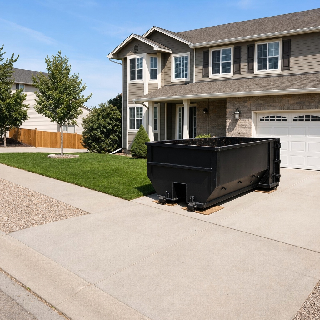 10-yard matte-black residential dumpster placed directly on a narrow Gladstone concrete driveway, room remains for a parked sedan beside it, mid-morning natural light