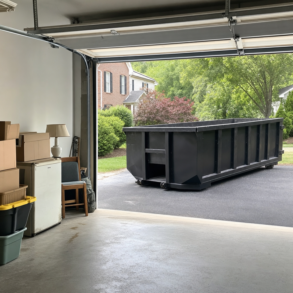 Open garage interior in a Gladstone home mid-cleanout — boxed items, an old appliance, and stacked yard tools queued near the driveway for a matte-black roll-off dumpster, organized and calm