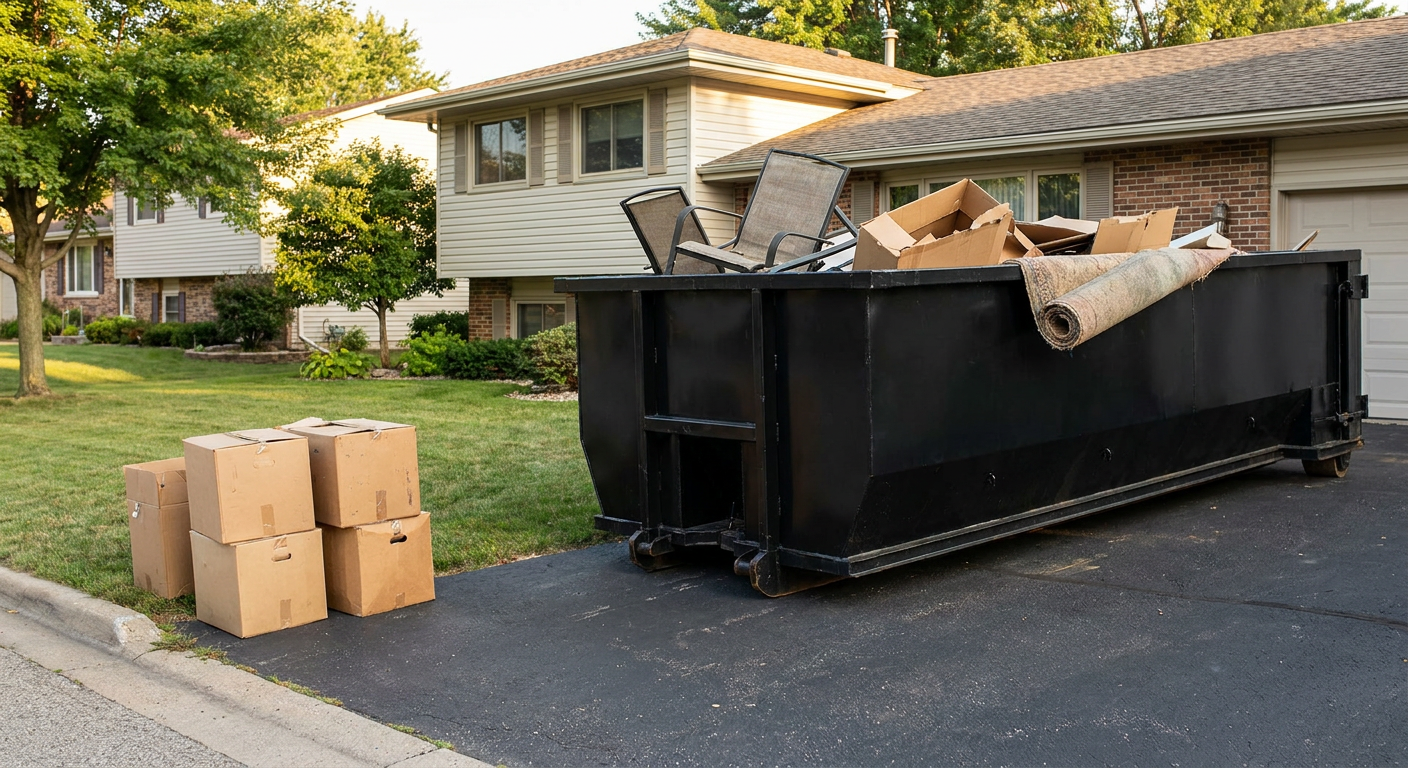 Front-yard view of a Gladstone split-level home with a 20-yard matte-black roll-off dumpster sitting directly on the asphalt driveway, a few clearly labeled donation boxes staged at the curb, calm sunny afternoon.