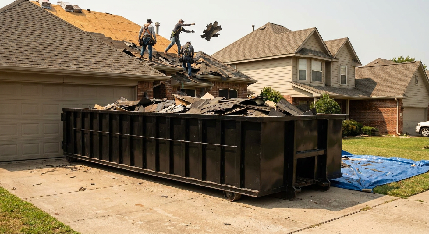 Matte-black roofing roll-off dumpster placed directly on a Gladstone residential concrete driveway, a tear-off crew on a two-story asphalt-shingle roof tossing shingle bundles into the low-walled container, bright daylight, documentary 35mm perspective.