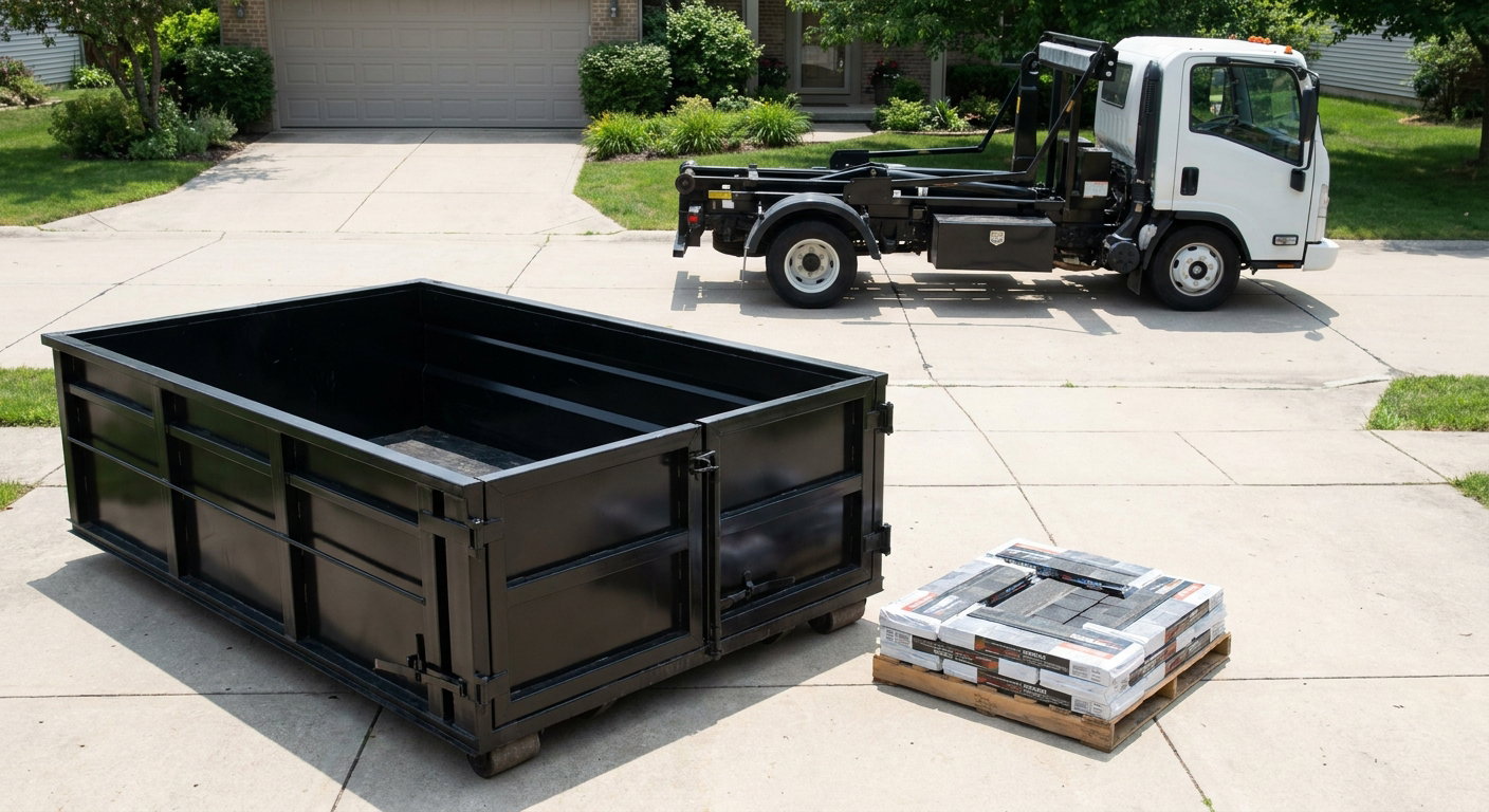 Matte-black 15-yard roofing roll-off dumpster with reinforced low side walls sitting directly on a Gladstone residential concrete driveway, three-tab asphalt shingle bundles stacked nearby, an unmarked white hauler truck partially visible at the edge of the frame.