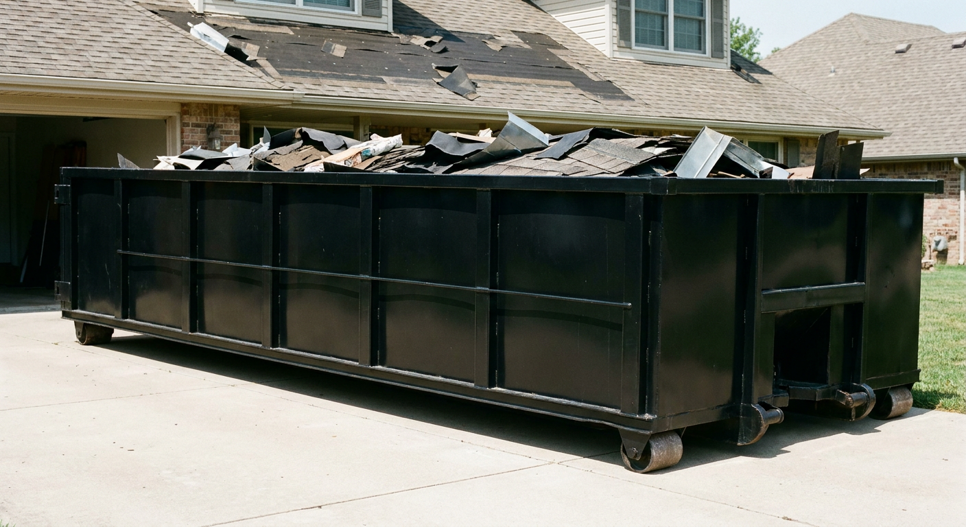 Matte-black 20-yard roofing roll-off dumpster with steel ribbed sides and swinging rear door, sitting directly on the concrete driveway of a two-story Gladstone home, asphalt shingle debris being loaded over the low wall, clean documentary lighting.
