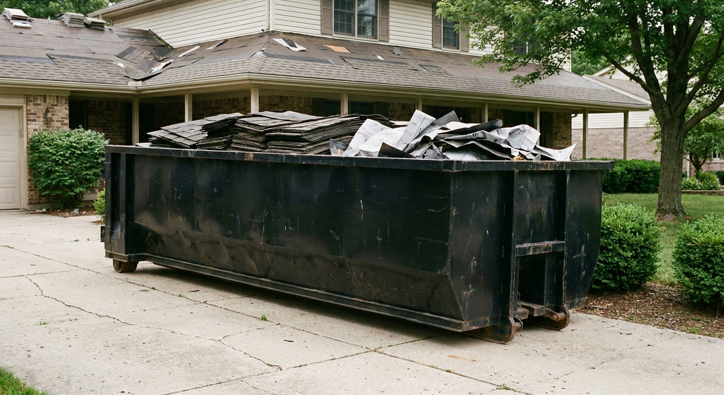 Matte-black 30-yard roofing roll-off dumpster sitting directly on a Gladstone concrete driveway, taller ribbed steel side panels, mixed tear-off debris of asphalt shingles and underlayment inside, professional documentary daylight.