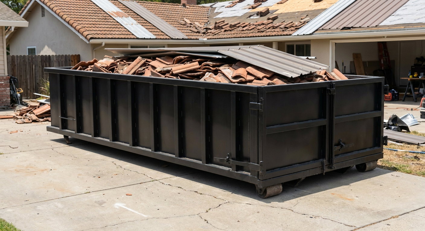 Matte-black low-wall heavy-debris roofing roll-off dumpster sitting directly on a Gladstone concrete driveway, broken concrete clay roof tiles and metal panel sections loaded inside, reinforced ribbed steel side walls visible, bright outdoor daylight.