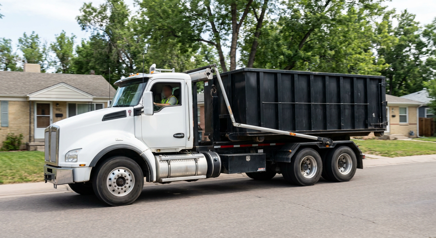 A wide documentary shot of a matte-black roll-off delivery truck pulling onto a quiet Gladstone residential street at mid-morning, with neighborhood rooftops and tree-lined blocks visible behind, showing the metro coverage footprint.