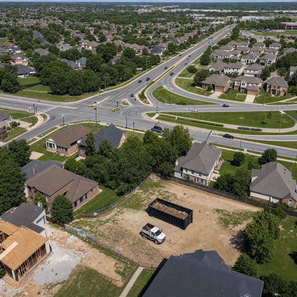 An overhead documentary view of the Gladstone metro area at midday, showing the spread of neighborhoods, arterial roads, and the dispatch radius from a central yard — clean daylight, organized geographic layout.