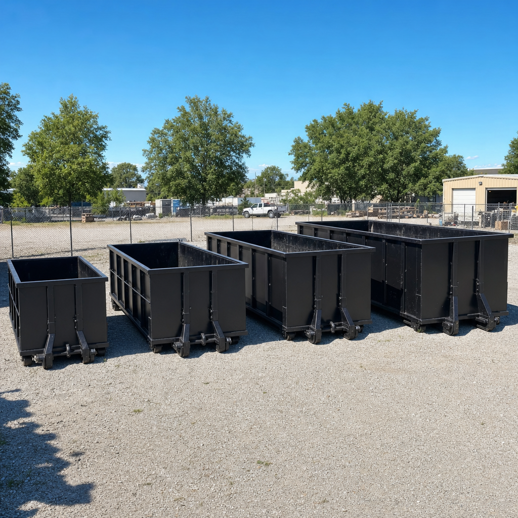 A clean lineup of matte-black roll-off dumpsters in 10, 20, 30, and 40-yard sizes staged on a sunlit gravel yard in Gladstone, showing the size progression from compact to commercial-scale containers.