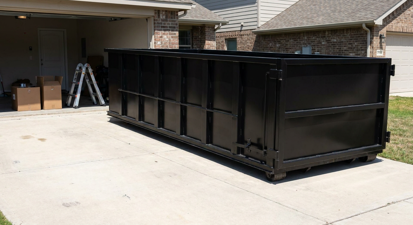 A matte-black 10-yard roll-off dumpster sitting directly on a residential Gladstone concrete driveway, mid-day sunlight, clean and ready for a garage cleanout.