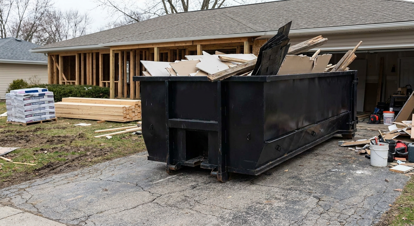 A matte-black 20-yard roll-off dumpster placed alongside a mid-renovation Gladstone home directly on the asphalt driveway, with framing materials and torn-off shingles staged neatly nearby.