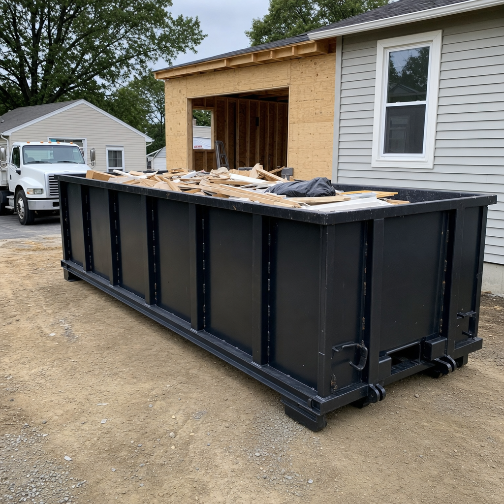A matte-black 30-yard roll-off dumpster positioned at a Gladstone residential addition jobsite, with framing lumber and drywall scraps loaded through the open swinging rear doors.