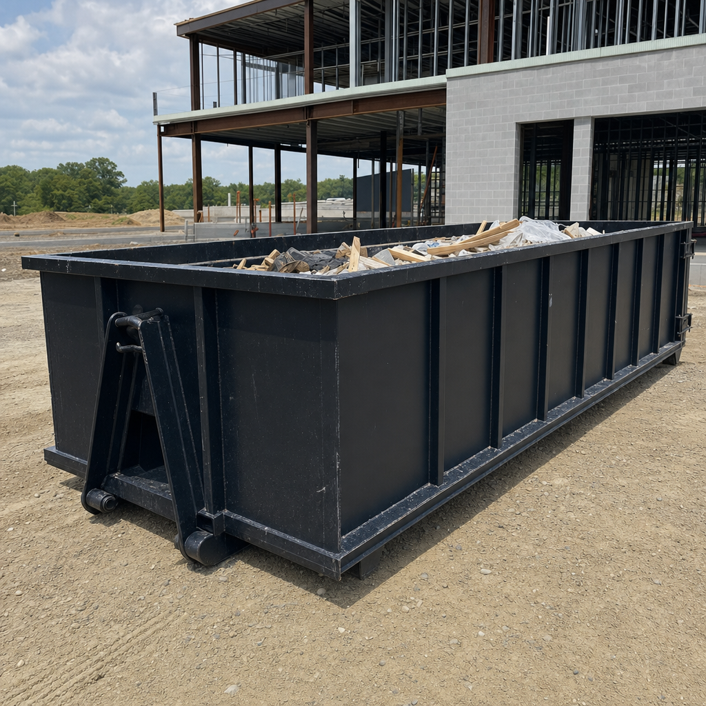 A matte-black 40-yard roll-off dumpster staged on a large Gladstone commercial construction lot, with a hooklift delivery truck parked alongside under bright midday sky.