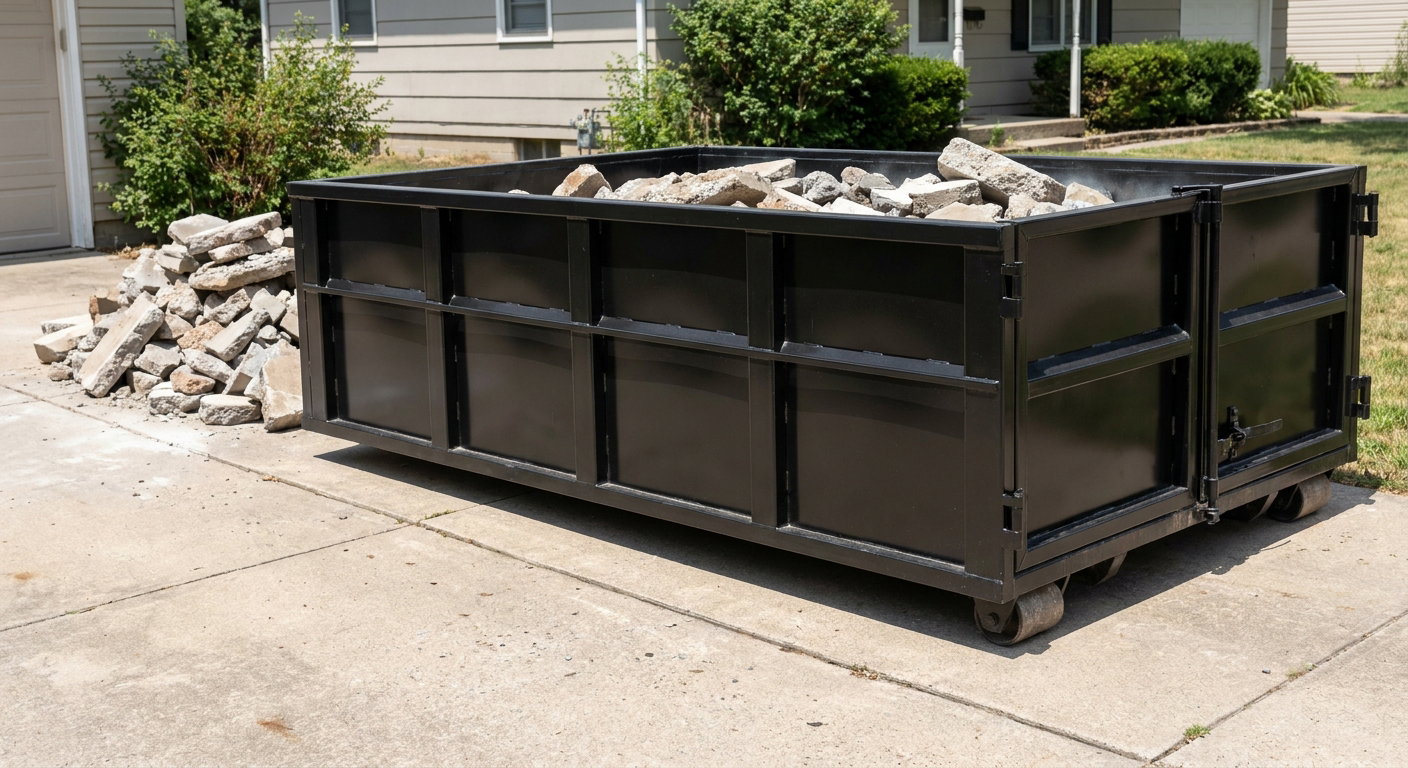 A matte-black low-side heavy-debris roll-off dumpster placed directly on a Gladstone concrete driveway, with broken concrete chunks neatly stacked beside it under clean daylight.